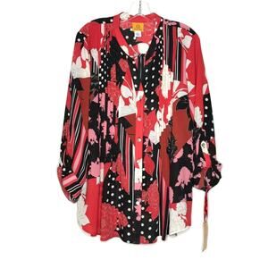 Ruby Rd. Floral Mix Print Button Up Blouse Red Black Roll Tab Sleeve